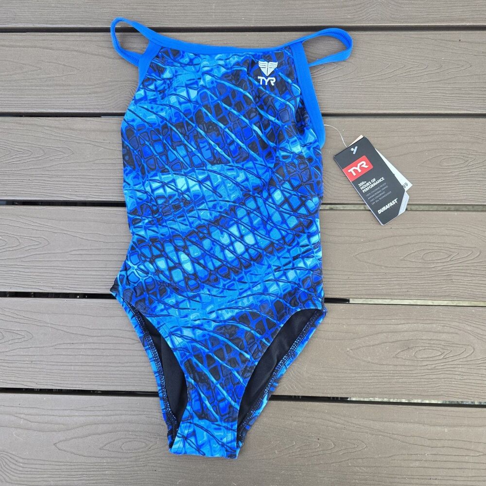 TYR Youth Girl's Durafast Elite Blue P lexus Diamondfit One Piece Swim Sz 24 New